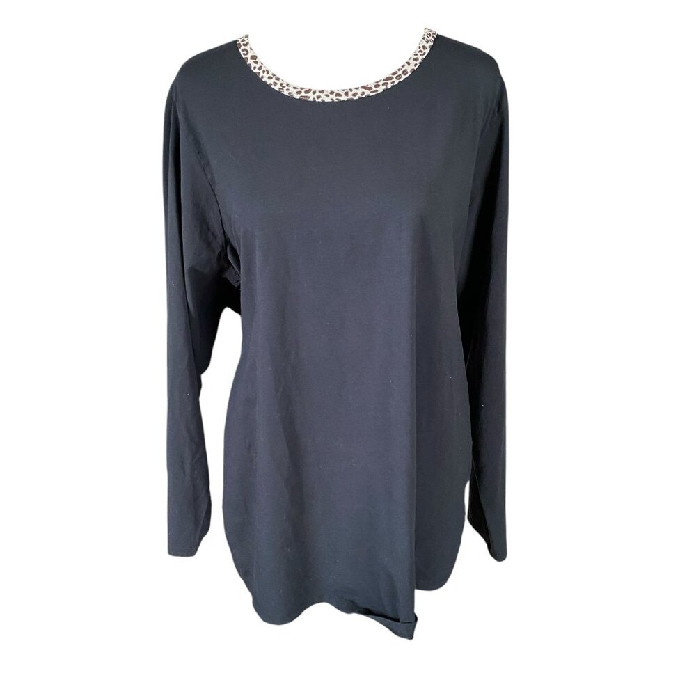 Lands' End women's size 1X black long sleeve pullover stretchy top leopard trim
